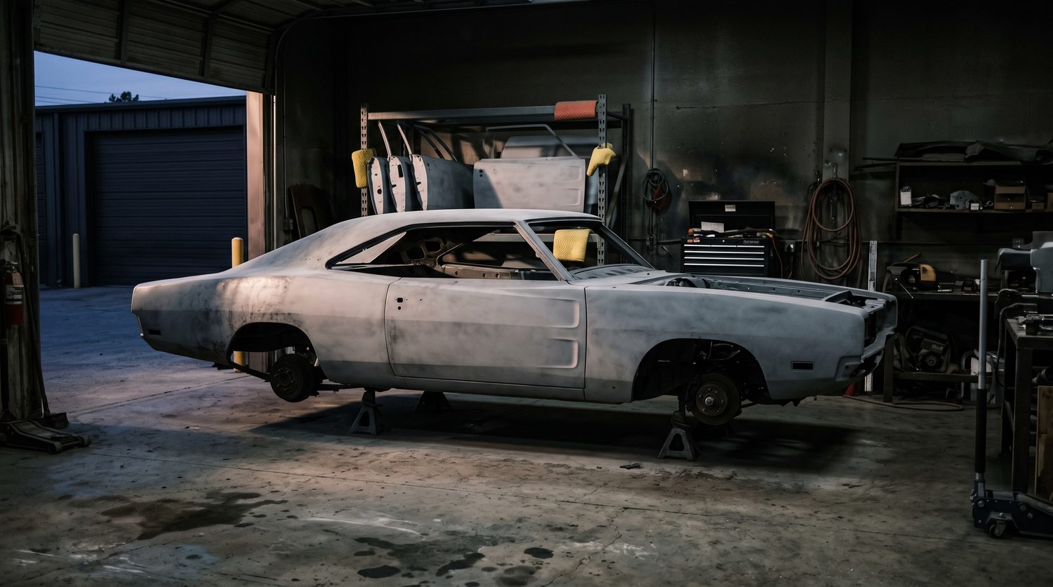A classic muscle car in bare primer partway through a frame-off restoration